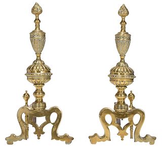 Pair of British Aesthetic Movement Brass Flame Top Andirons