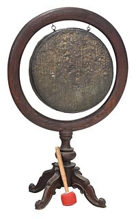 Asian Bronze Gong in Wood Stand