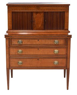 A Boston Federal Style Figured and Inlaid Tambour Desk