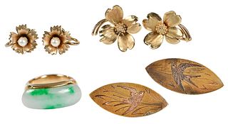Four Items; Two Pairs of Earrings, Cufflinks and Jade Ring