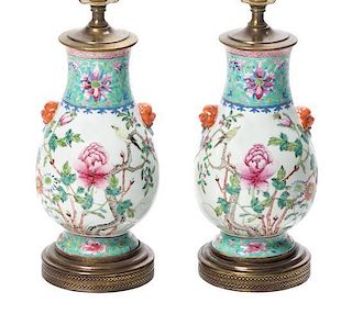 A Pair of Famille Rose Vases, Height 10 inches.