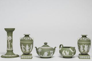 5 Pieces Wedgwood Olive Green Jasperware Pottery