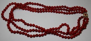 JEWELRY. Triple Strand Red Coral Beaded Necklace.