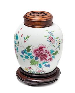 A Famille Rose Ginger Jar, Height 7 1/4 inches.