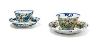 Two Chinese Polychrome Enamel Cup and Saucer Sets, Diameter of larger saucer 5 3/8 inches.