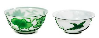 Two Green and White Peking Glass Bowls, Diameter of larger 6 1/4 inches.