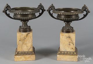 Pair of bronze and marble urn garnitures, 14" h.
