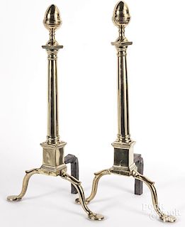 Pair of brass lemon top andirons, ca. 1800, 25" h.
