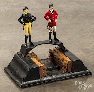 Painted cast iron boot scrape with two horse rider