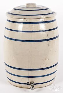 Stoneware water cooler, ca. 1900, with cobalt band