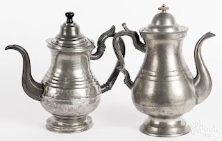 Two American pewter coffee pots, 19th c., one stam