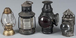 Three tin lanterns, 19th c., together with a brass