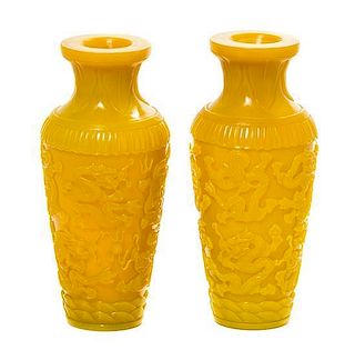 A Pair of Yellow Peking Glass Vases, Height 10 1/2 inches.