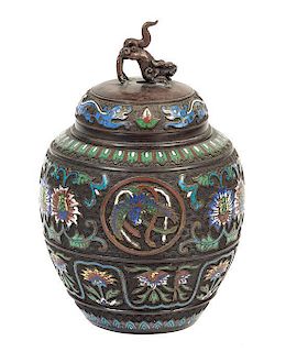 A Chinese Champleve over Bronze Jar and Cover, Height overall 13 inches.
