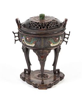 A Chinese Champleve Censer and Cover, Height 10 1/8 inches.