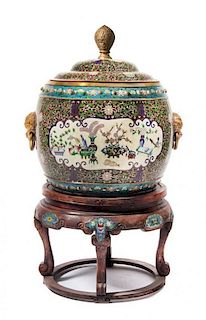 A Chinese Cloisonne Enamel Over Gilt Metal Vessel and Cover, Height 28 inches.