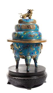 A Massive Chinese Cloisonne Enamel and Gilt Metal Censer, Height overall of censer 44 inches.