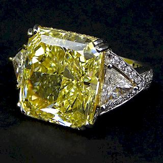 : Important GIA Certified 14.32 Carat Internally Flawless Rectangular Brilliant Cut Fancy Intense Yellow Diamond and Platinum