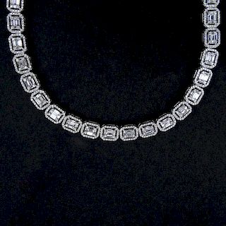 13.0 Carat Baguette and Round Brilliant Cut Diamond and 18 Karat White Gold Necklace.