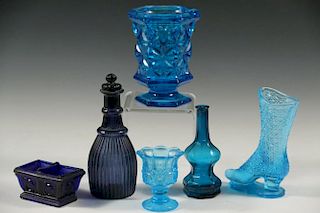 (6 PCS) EARLY BLUE PATTERN GLASS