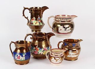 (6) COPPER LUSTREWARE JUGS WITH EMBOSSED DECORATION