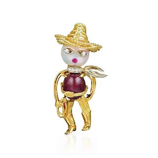 A Ruby, Diamond and Mabe Pearl Cowboy Brooch