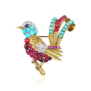Union Ruby, Turquoise and Diamond Bird Brooch