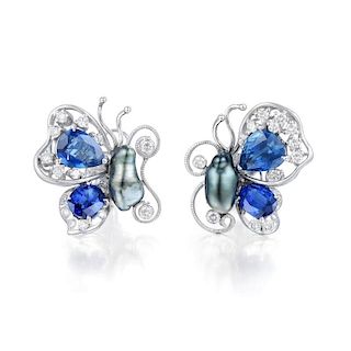 A Whimsical Pair of Diamond and Sapphire Butterfly Earrings