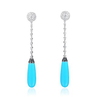 A Pair of Turquoise and Diamond Pendant Earrings