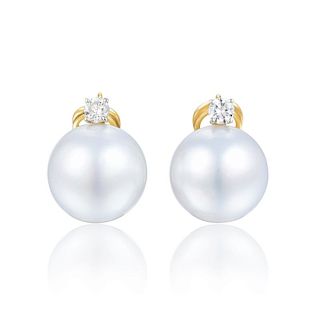 A Pair of Large South Sea Pearl and Diamond Earrings
