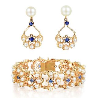 A Pearl and Sapphire Bracelet and Earrings Set
