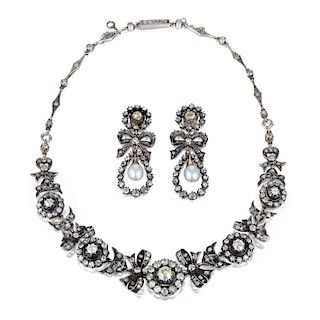A Victorian Diamond and Pearl Necklace and Earrings Set