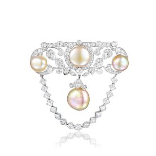 A Natural Pearl and Diamond Brooch