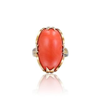 A Cabochon Coral and Diamond Ring