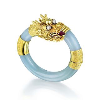 A Jade, Diamond and Rubellite Dragon Bangle Bracelet