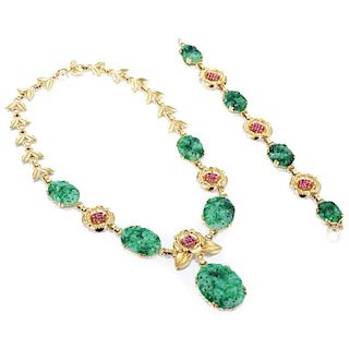 A Retro Tiffany & Co. Jade and Ruby Necklace and Bracelet