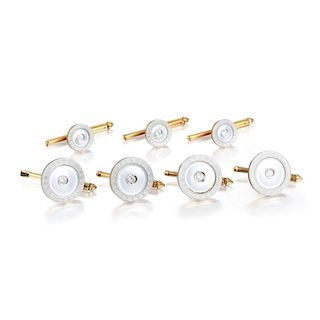 A Mother of Pearl and Diamond Cufflink and Stud Set