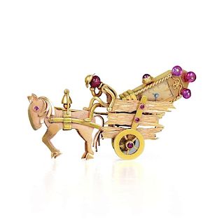 J. Schulz Pink Gold Horse and Wagon Watch Brooch