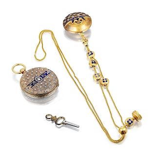 An Antique Gold and Enamel Pocket Watch, Fob and Pin