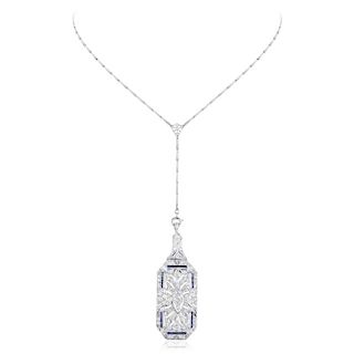 An Art Deco Diamond and Sapphire Pendant/Pin with Chain Necklace