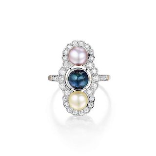 An Antique Sapphire, Natural Pearl and Diamond Ring