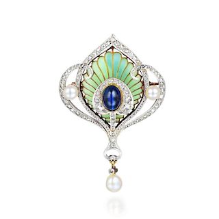 An Art Nouveau Diamond, Natural Pearl and Plique-a-Jour Pendant/Pin