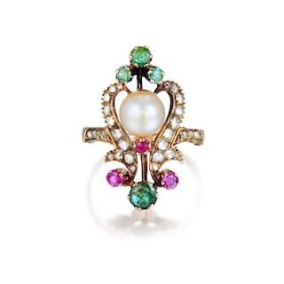 An Antique Natural Pearl, Diamond, Ruby and Emerald Ring