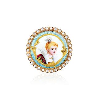 An Antique Pearl, Enamel and Diamond Pin