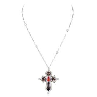 A Diamond, Spessartite Garnet, and Quartz Cross Pendant Necklace