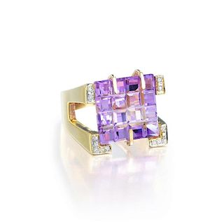 A Carved Amethyst and Diamond Ring