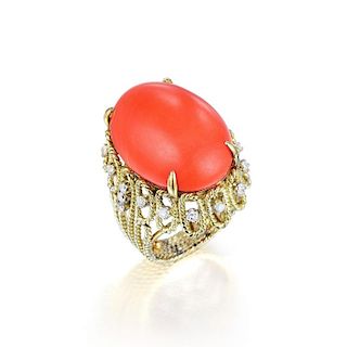 A Coral and Diamond Ring
