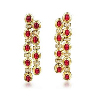 A Pair of Diamond and Synthetic Ruby Chandelier Earrings