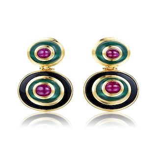 A Pair of Ruby, Onyx and Malachite Earrings