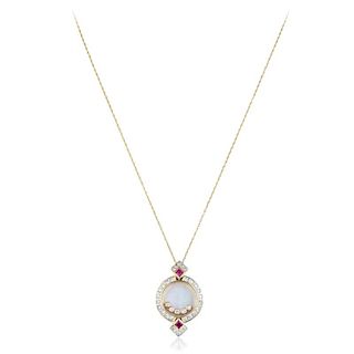 A Ruby, Mother of Pearl and Floating Diamond Pendant Necklace